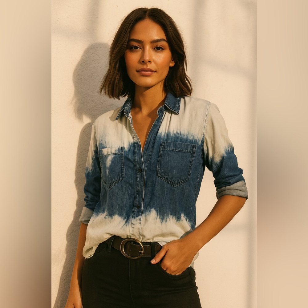 Velvet Heart Dip-Dye Denim Shirt Ombre Button-Up Casual Luxe Streetwear small